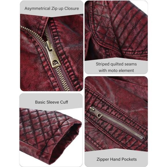 Red Faux Leather Moto Jacket Fitted Quilted Bomber Motorcycle Biker Jacket Coat - Picture 5 of 8